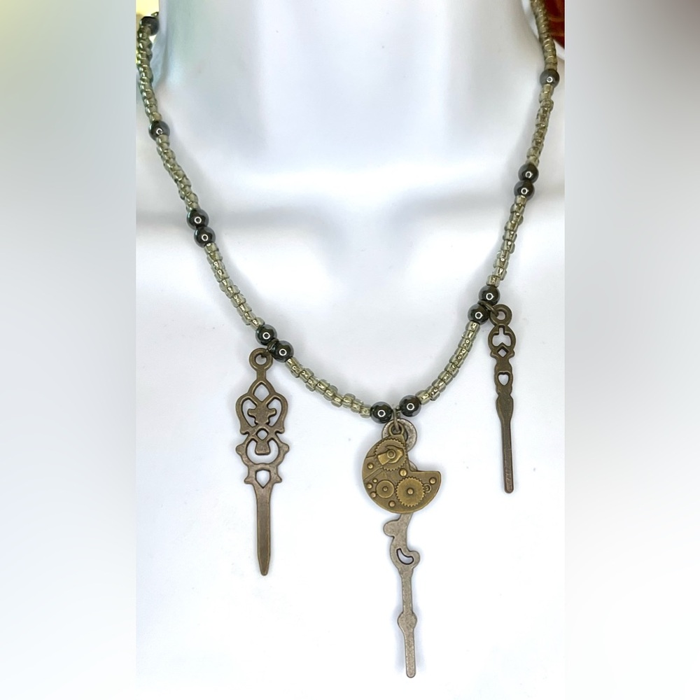 Brass and Silver Gears and Watch Arms Pendant Necklace